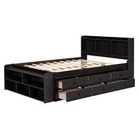 Streamdale Furniture Full Bed With Bookcase Headboard, Under Bed Storage Drawers And Bed End Storage Case, Espresso