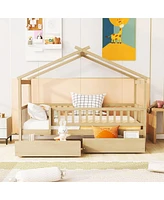 Simplie Fun Twin Size Wooden House Bed With Two Drawers, Natural