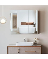 30x26" Black Led Medicine Cabinet with Storage, Defogger, Dimmable Lights