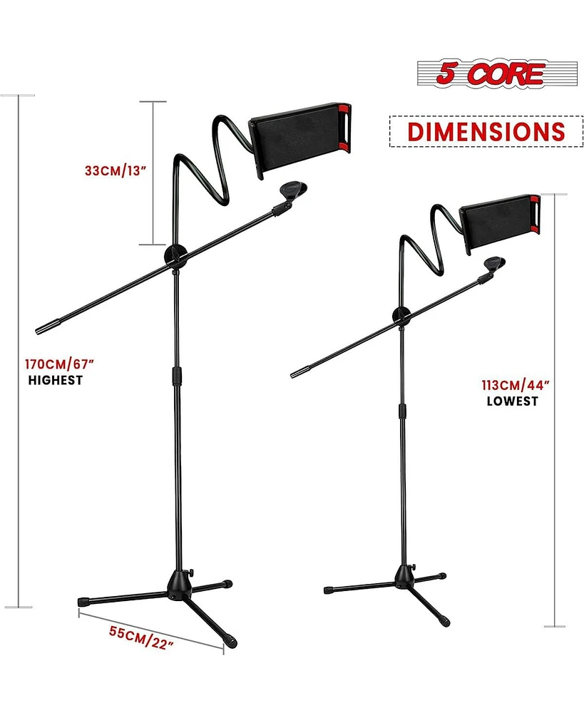 5 Core 2 Pcs Microphone Stand with Tablet Holder Foldable Adjustable 44 – 67 Inch Floor Boom Mic Stand w Phone Clamp Gooseneck Tripod w Carry B