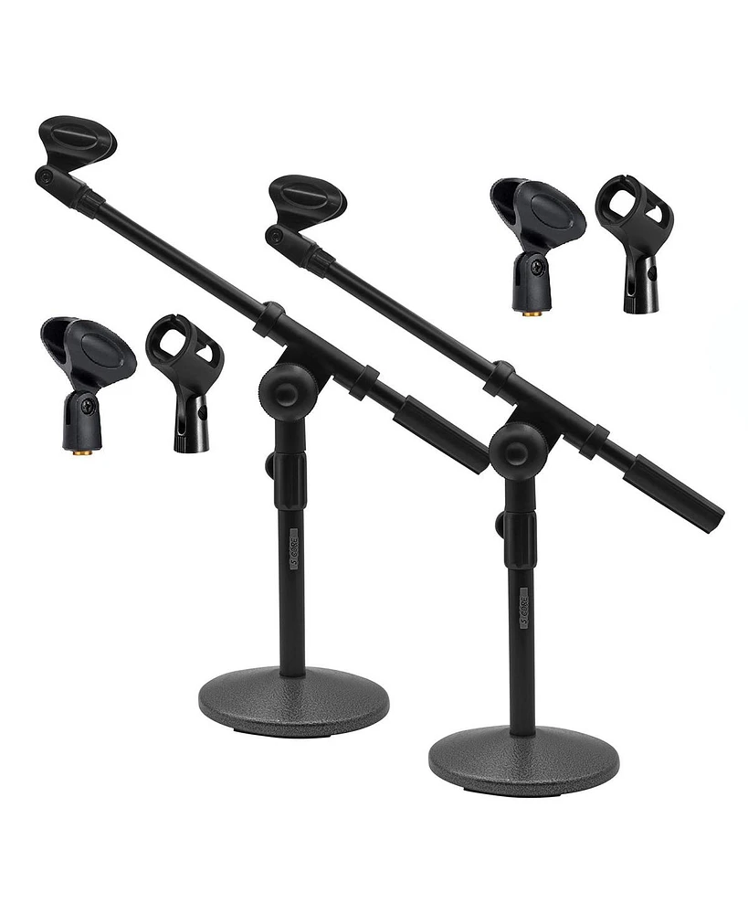 5 Core Desk Microphone Stand Black Pair Adjustable Height 15.3 to 21.25 Inch Extendable Boom Arm Short Desktop Stands • Table Mic Holder Round