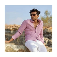 Men's Salmon Pink Self-Design Striped Shirt