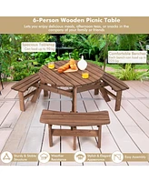 Sugift 6 Person Wooden Picnic Table Set with Bench and Umbrella Hold