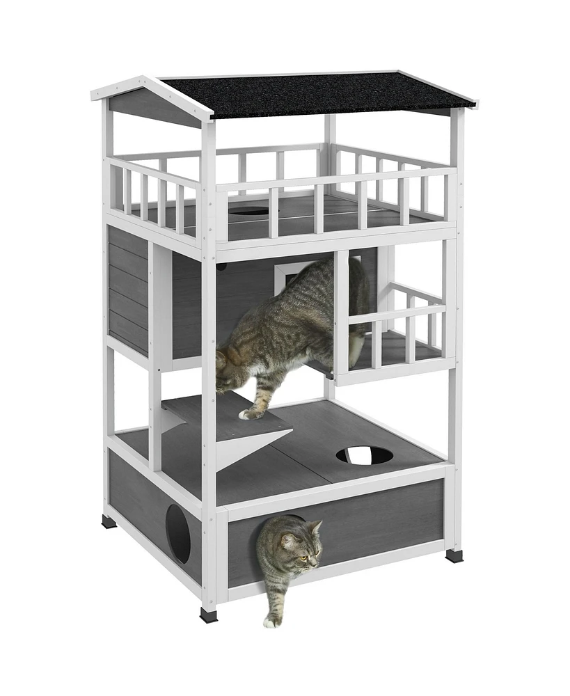 PawHut Wooden Outdoor Cat House with Asphalt Roof, Light Gray