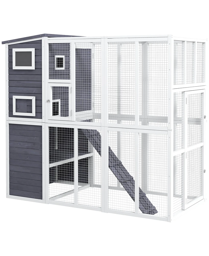 PawHut Wooden Outdoor Catio with Platforms, Asphalt Roof, Ramps, Light Gray