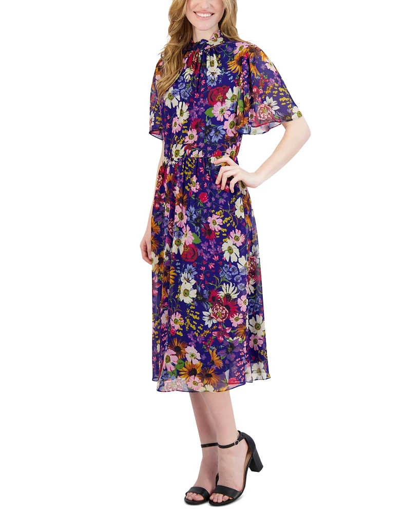 julia jordan Women's Mock Neck Flutter-Sleeve Midi Dress