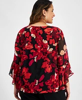 Kasper Plus Floral-Print Bell-Sleeve Scoop-Neck Top