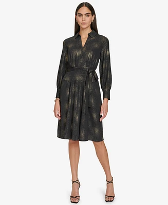 Calvin Klein Women's Collared Self-Tie-Belt A-Line Dress