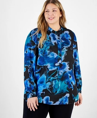 Anne Klein Plus Watercolor-Print Long-Sleeve Blouse