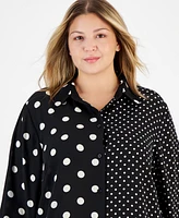 Anne Klein Plus Mixed Dot-Print Long-Sleeve Blouse