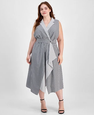 Anne Klein Plus Striped Belted Sleeveless Cotton Midi Dress