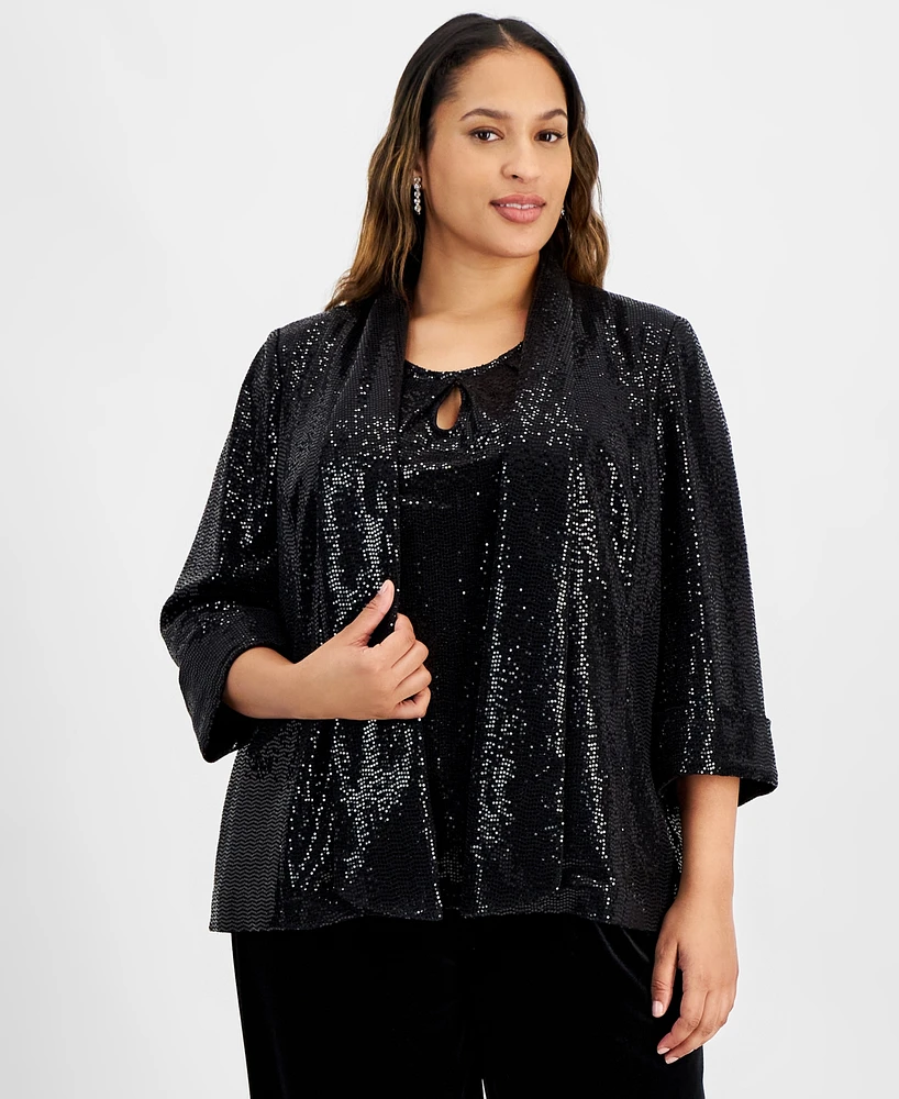 Kasper Plus Metallic-Dot Open-Front Cardigan