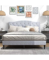 Queen Size Upholstered Platform Bed Linen Bed Frame with Button Tufted Headboard