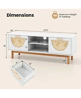 Costway Tv Stand for 55-Inch TVs with 2 Drawers & Woven Fronts Solid Wood Legs