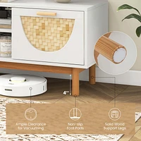 Costway Tv Stand for 55-Inch TVs with 2 Drawers & Woven Fronts Solid Wood Legs