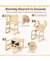Costway Toddler 3-in-1 Foldable Kitchen Standing Tower with Chalkboard Weaning Table