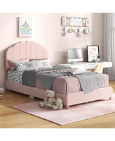 Costway Kids Twin Platform Bed Frame Upholstered Twin Size Bed with Wooden Slats Support