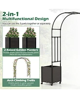 Costway 6.6 Ft Tall Metal Garden Arbor with 2 Raised Garden Planters Arch Trellis Outdoor