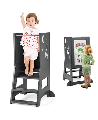 Costway Toddler Kitchen Stool Helper Standing Tower with Chalkboard & Whiteboard