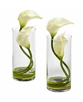Slickblue Double Calla Lily with Cylinder Vase Elegant Floral Arrangement for Stylish Decor (Set of 2)