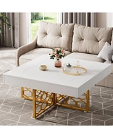 Tribesigns White and Gold Coffee Table White Square Coffee Table with Gold Base Modern Square Coffee Table for Living Room Wood White Tea Table