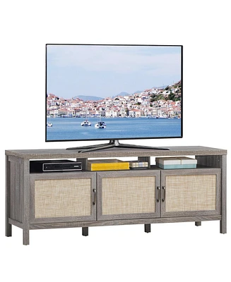 Gymax Tv Stand Entertainment Media Center for Tv's up to 65'' w/ Rattan Doors Grey Oak