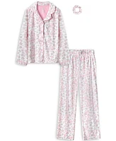 Max and Olivia Girls Velour Animal Print Coat Pajama with Matching Scrunchie 3pc set