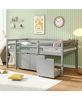 Twin Low Loft Bed with 3 Drawers Ladder & Full-length Guardrails Storage