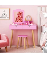 Costway Kid Vanity Table Chair Set with Mirror Large Storage Drawers Wooden Legs