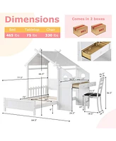 Twin House Bed with Desk & Chair with 2 Drawers Windmill Fence & Headboard for Teens