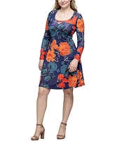 24seven Comfort Apparel Women's Navy Floral Print Long Sleeve Knee Length Dress