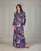 24seven Comfort Apparel Women's Purple Paisley Long Sleeve Side Slit Fitted Maxi Dress