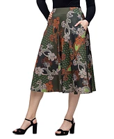 24seven Comfort Apparel Women's Print Elastic Waist Pocket Midi Skirt