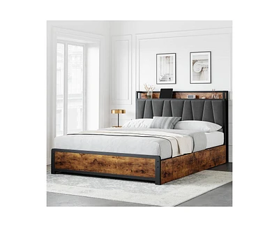 gaomon Bed Frame, Storage Headboard with Charging Station, Platform Metal Bed Frame with 4 Storage Drawers, No Box Spring Needed, Noise Free, Easy Ass