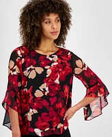 Kasper Women's Floral-Print Bell-Sleeve Scoop-Neck Top, Regular and Petite Sizes