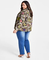 Nina Parker Trendy Plus Cotton Camouflage Affirmation Button-Front Jacket