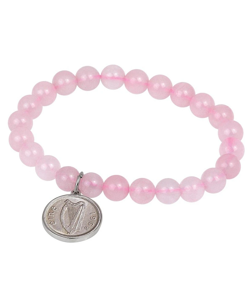 American Coin Treasures 16542 Rose Quartz Bracelet with Irish Threepence Coin