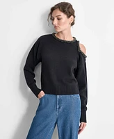 Dkny Women's Embellished Cold-Shoulder Long-Sleeve Sweater