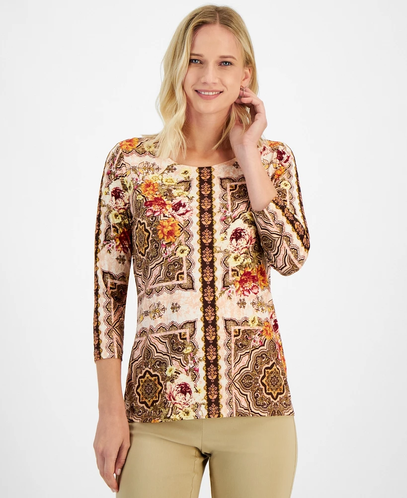 Jm Collection Women's Jacquard-Print 3/4-Sleeve Top, Created for Macy's