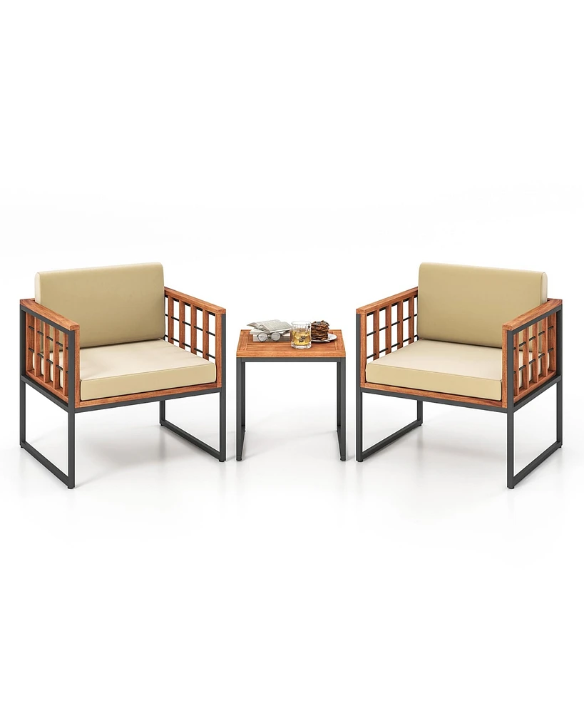 Gymax 3 Pieces Patio Furniture Set Acacia Wood Bistro Conversation Set w/ 2 Cushioned Chairs Beige