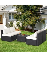 Gymax 5PCS Patio Outdoor Rattan Sofa Conversation Set w/ Seat & Back Cushions Off White