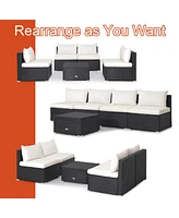 Gymax 5PCS Patio Outdoor Rattan Sofa Conversation Set w/ Seat & Back Cushions Off White