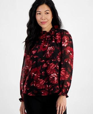 Ak Anne Klein Petite Floral-Print Blouse