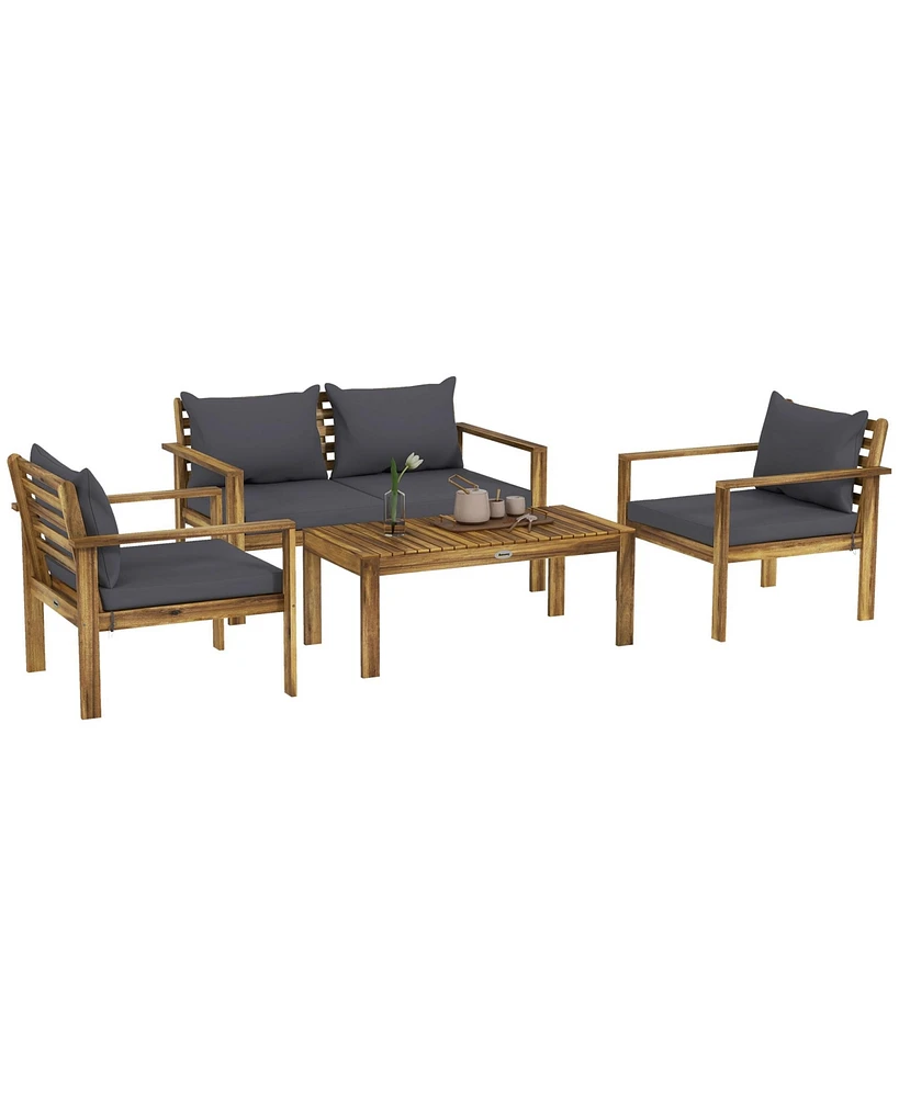 Outsunny 4pc Wood Outdoor Patio Furniture Set with Table, Cushions, Gray