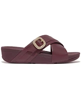 FitFlop Women's Lulu Crystal Buckle Leather Cross Slides Flats