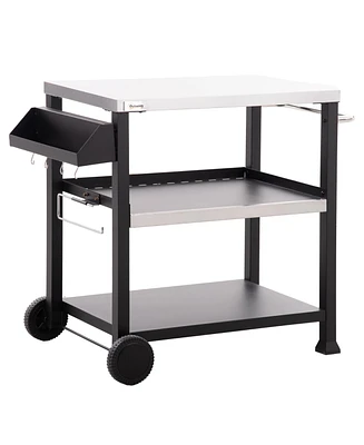 Outsunny Movable Stainless Steel 3-Shelf Outdoor Grill Cart w/ Side Handle