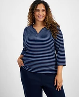 Style & Co Plus Size Printed Henley 3/4-Sleeve Top, Created for Macy's