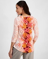 Jm Collection Petite Ombre Floral 3/4-Sleeve Top, Created for Macy's