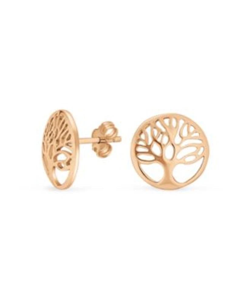Bling Jewelry Small Round Circle Family Tree Of Life Stud Earrings Nature Wishing Tree Rose Gold Plated .925 Sterling Silver
