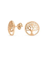 Bling Jewelry Small Round Circle Family Tree Of Life Stud Earrings Nature Wishing Tree Rose Gold Plated .925 Sterling Silver